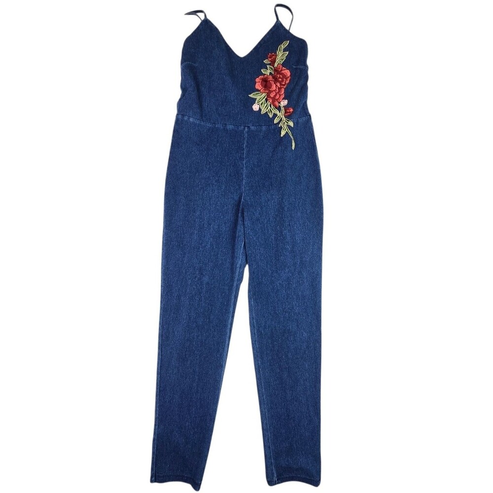 Akira Dark Blue Denim Jumpsuit with Floral Embroidery